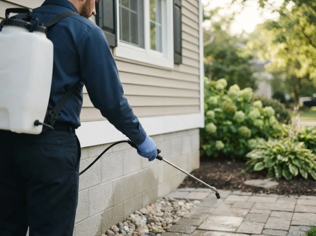 Pest control technician inspecting a home in Adair, IL